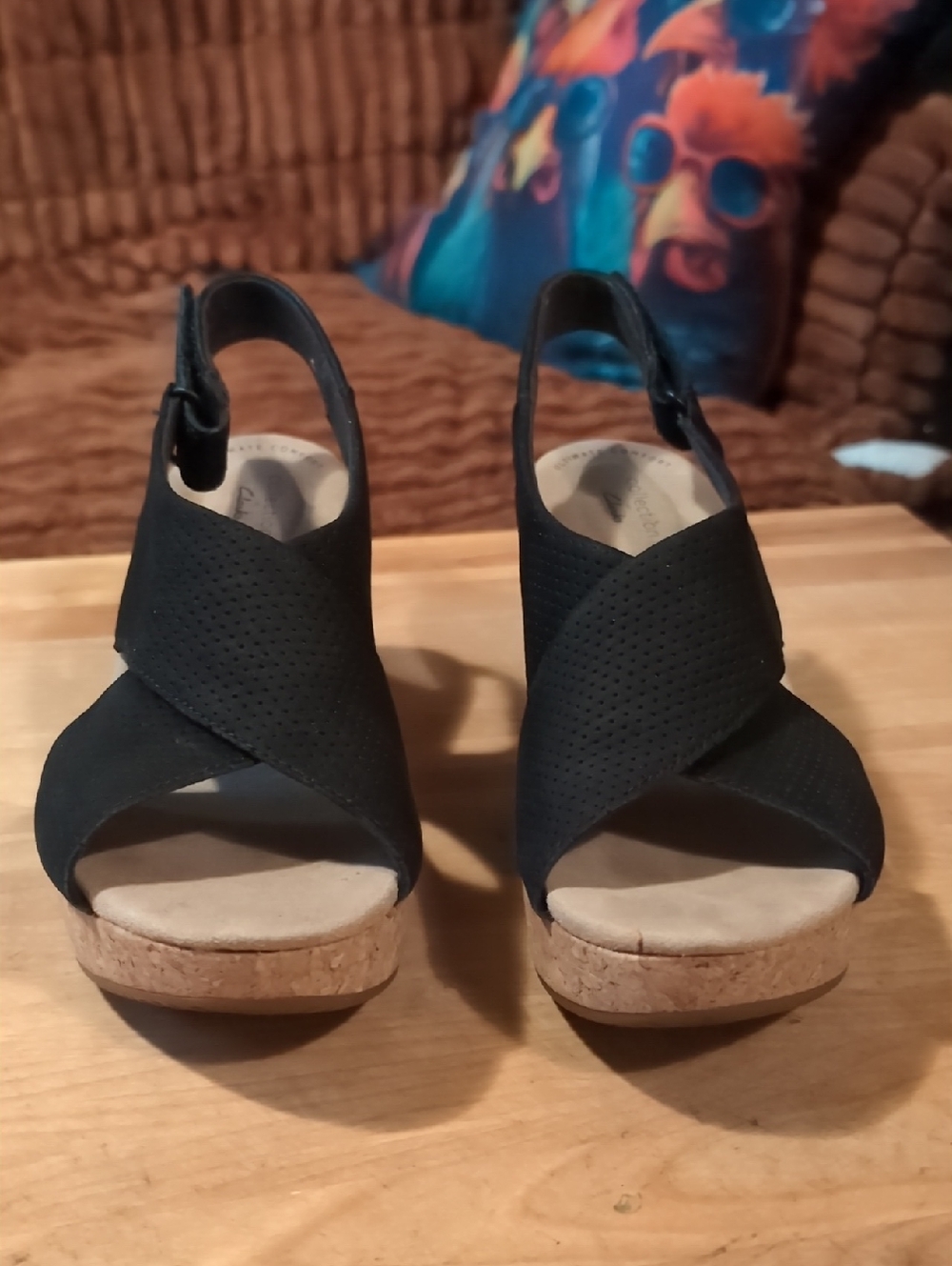 Clarks Black Crisscross Cork Wedge Sandals